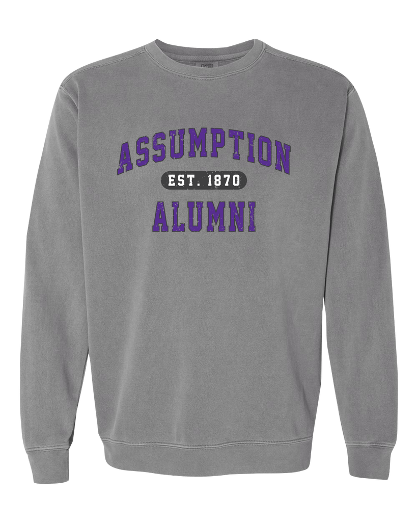 "Assumption Alumni Est. 1870" Adult Unisex Garment-Dyed Crewneck Sweatshirt with Printed Logo