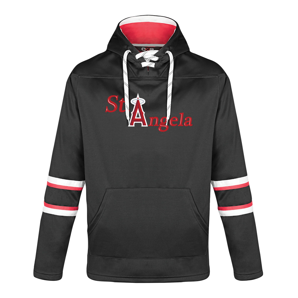 St. Angela Adult Pullover Hockey Lace Hooded Sweatshirt With Printed Logo
