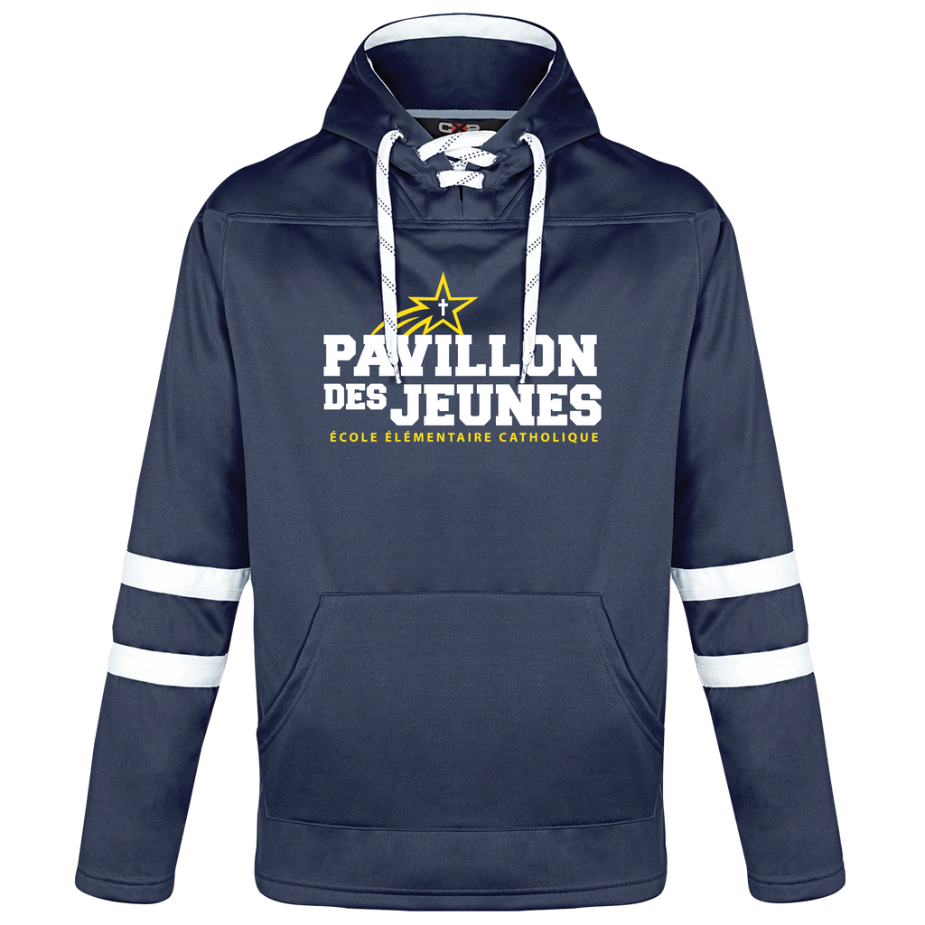 Pavillon Des Jeunes Adult Pullover Hockey Lace Hooded Sweatshirt With Printed Logo