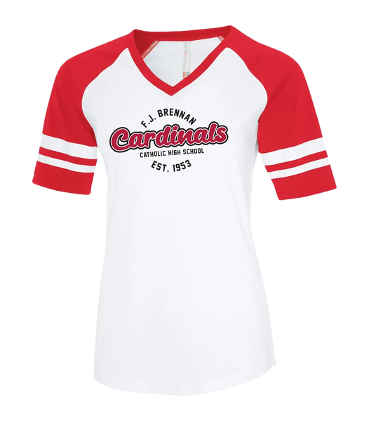 Brennan Cardinals Alumni Ladies Two Toned Baseball T-Shirt with Printed Logo