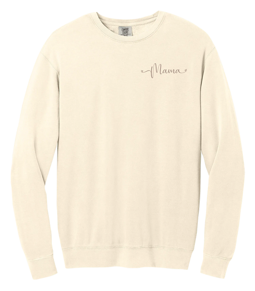 "Mama" Script Adult Lightweight Cotton Crewneck Sweatshirt with Printed Left Chest Logo