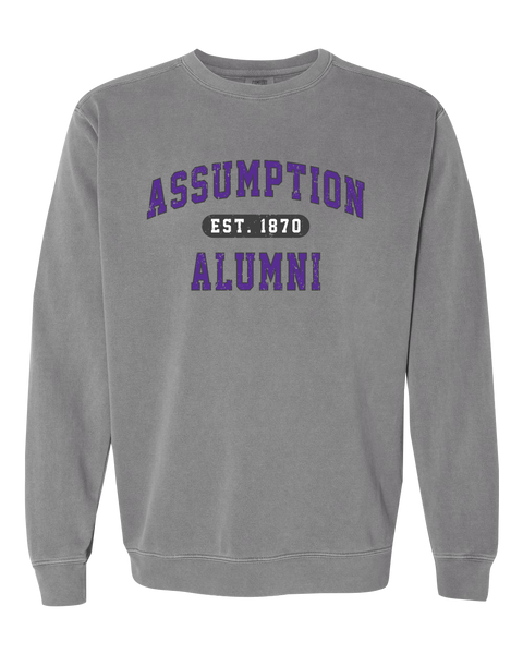 "Assumption Alumni Est. 1870" Adult Unisex Garment-Dyed Crewneck Sweatshirt with Printed Logo