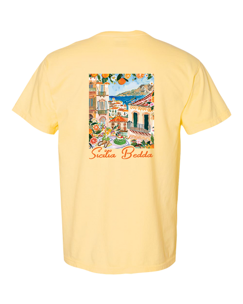 "Sicilia Bedda" Adult Garment-Dyed Heavyweight T-Shirt with Printed Logos