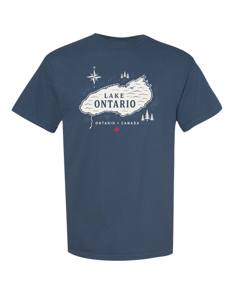 "Lake Ontario" Lake Map Adult Cotton T-Shirt with Printed Logo