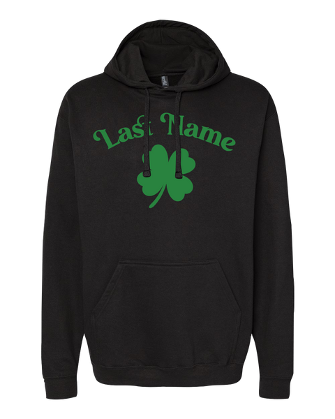"Shamrock Personalized Last Name" Adult Cotton Pull Over Hooded Sweatshirt with Printed Logo