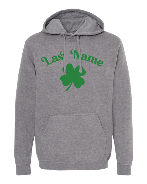 "Shamrock Personalized Last Name" Adult Cotton Pull Over Hooded Sweatshirt with Printed Logo