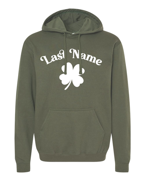 "Shamrock Personalized Last Name" Adult Cotton Pull Over Hooded Sweatshirt with Printed Logo