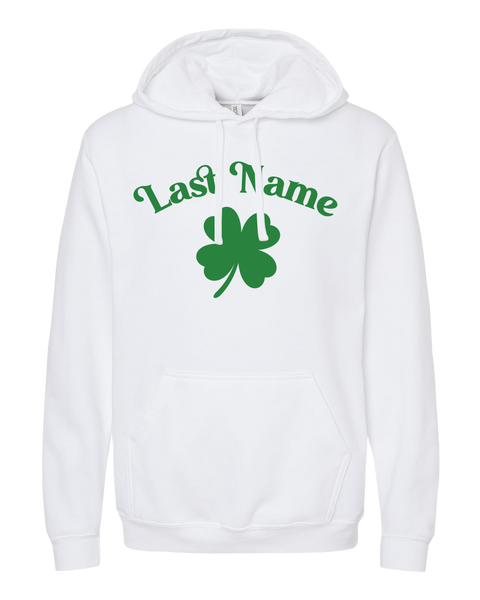 "Shamrock Personalized Last Name" Adult Cotton Pull Over Hooded Sweatshirt with Printed Logo
