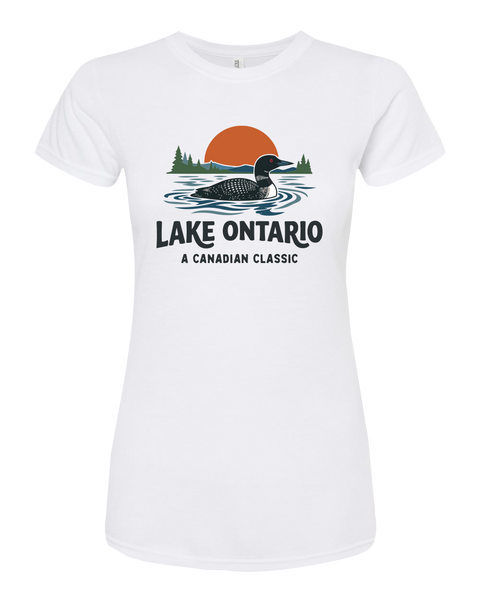 "Lake Ontario" A Canadian Classic Ladies Deluxe Blend T-Shirt with Printed Logo
