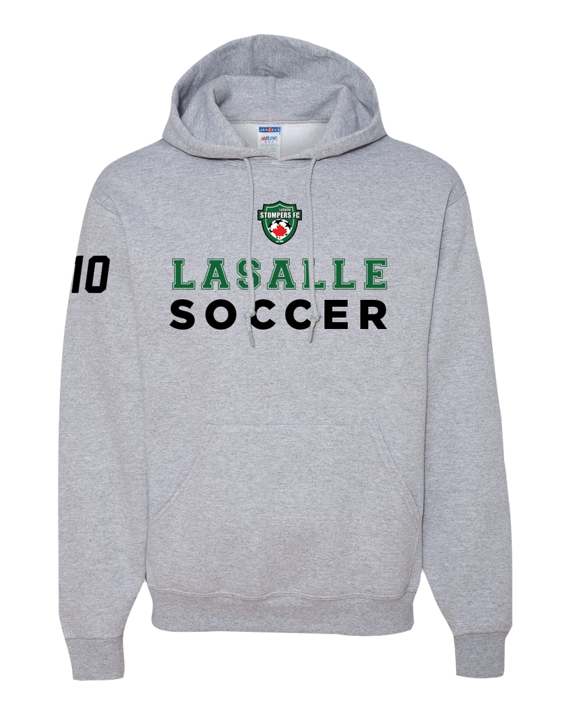 LaSalle Soccer & Stompers Crest Adult Hooded Sweatshirt with Printed Logo & Player Number