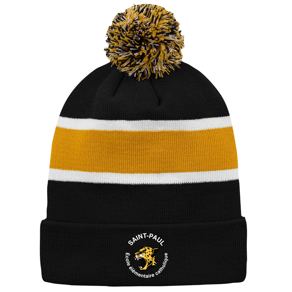 Saint-Paul Striped Knit Cuff Toque with Pom-Pom with Embroidered Logo