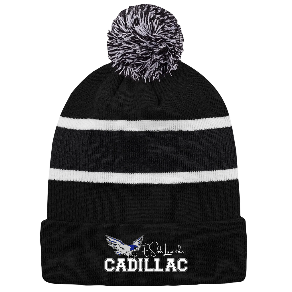 Lamothe-Cadillac Striped Knit Cuff Toque with Pom-Pom with Embroidered Logo