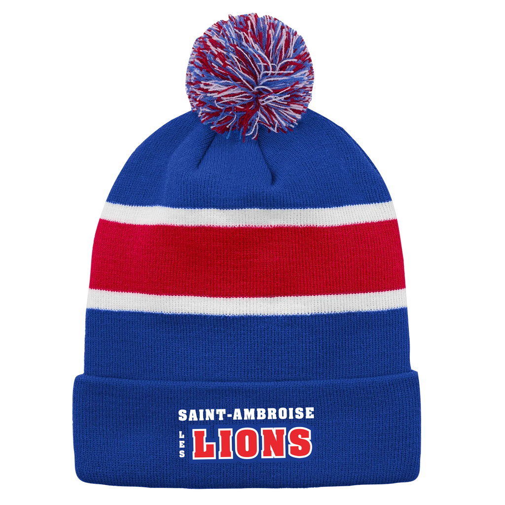 Saint Ambroise Striped Knit Cuff Toque with Pom-Pom with Embroidered Logo
