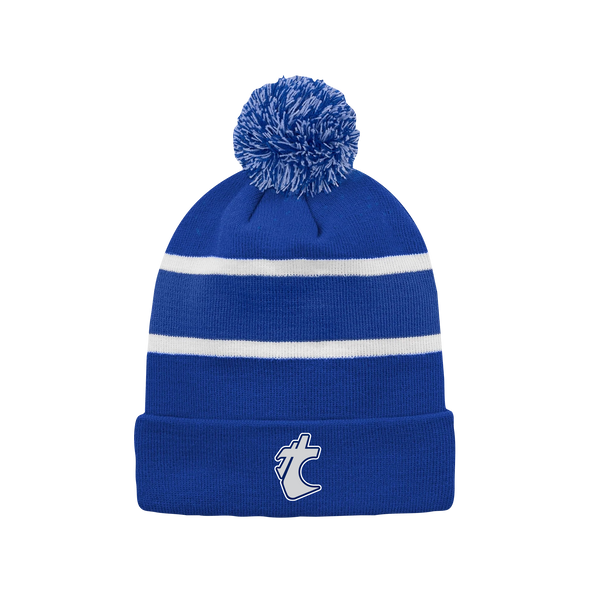 Holy Cross Striped Knit Cuff Toque with Pom-Pom with Embroidered Logo