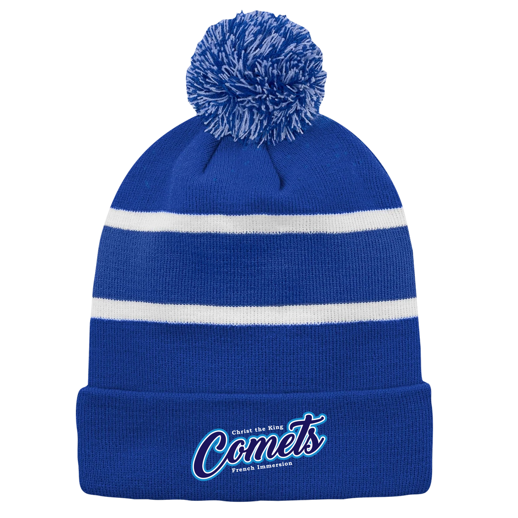 Christ The King Striped Knit Cuff Toque with Pom-Pom with Embroidered Logo