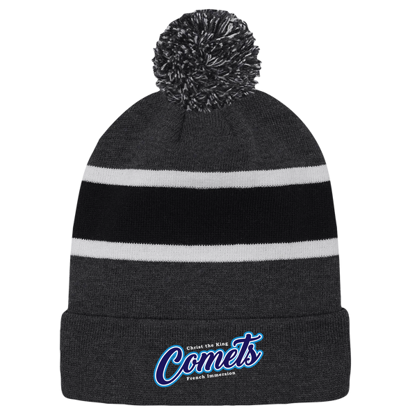 Christ The King Striped Knit Cuff Toque with Pom-Pom with Embroidered Logo