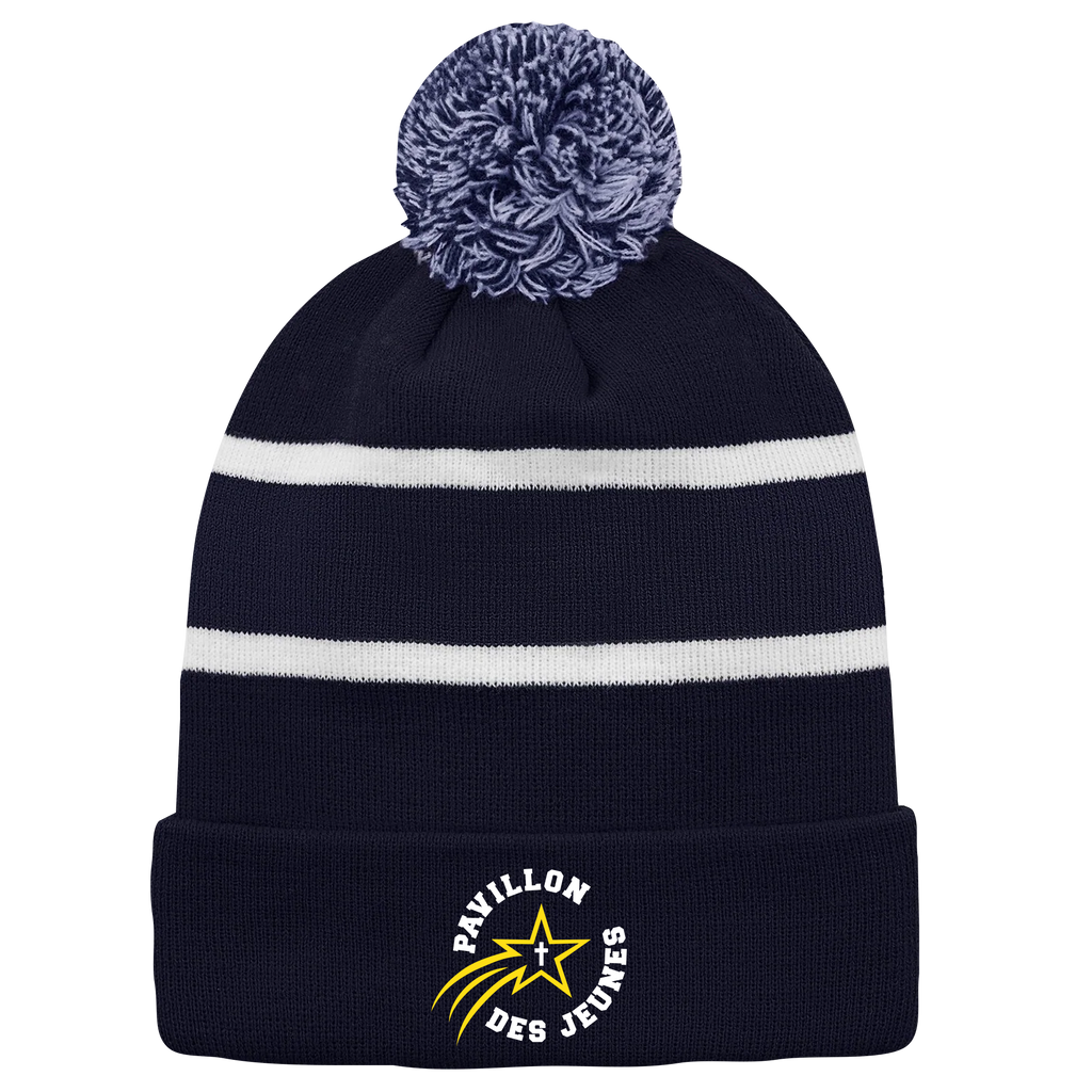 Pavillon Des Jeunes Striped Knit Cuff Toque with Pom-Pom with Embroidered Logo