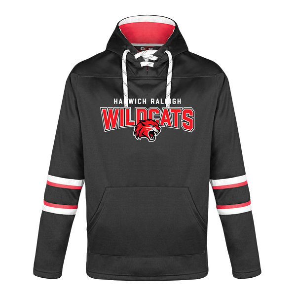 Harwich Raleigh Adult Pullover Hockey Lace Hooded Sweatshirt With Printed Logo