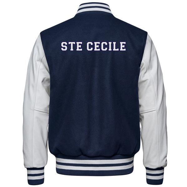 Ste. Cécile Stallions Adult Melton and Leather Varsity Jacket with Embroidered Logos and "Player Number" on sleeve