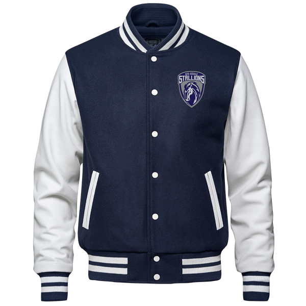 Ste. Cécile Stallions Adult Melton and Leather Varsity Jacket with Embroidered Logos and "Player Number" on sleeve
