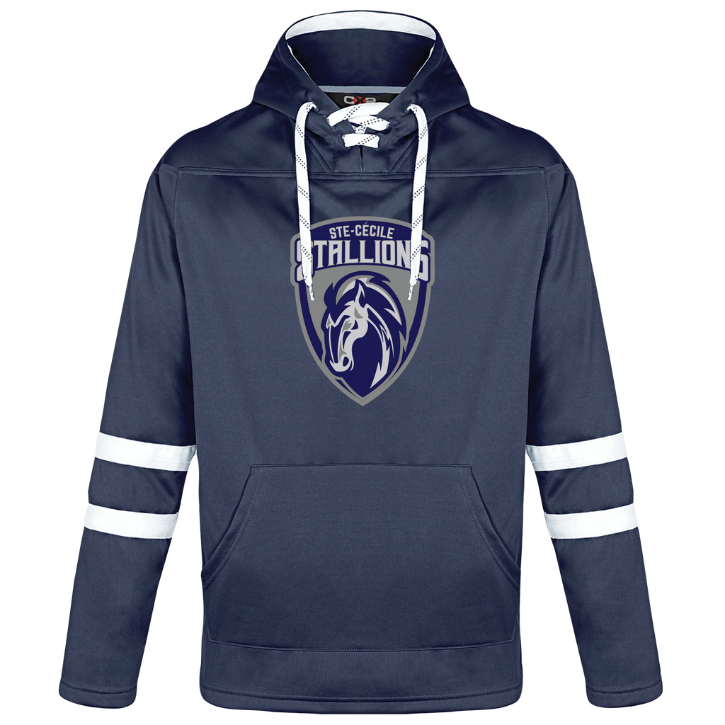 Ste. Cécile Adult Pullover Hockey Lace Hooded Sweatshirt with Printed Logo