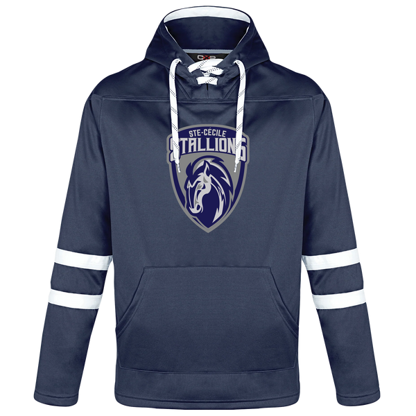 Ste. Cécile Adult Pullover Hockey Lace Hooded Sweatshirt with Printed Logo