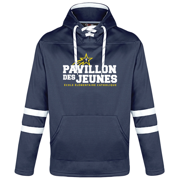 Pavillon Des Jeunes Adult Pullover Hockey Lace Hooded Sweatshirt With Printed Logo