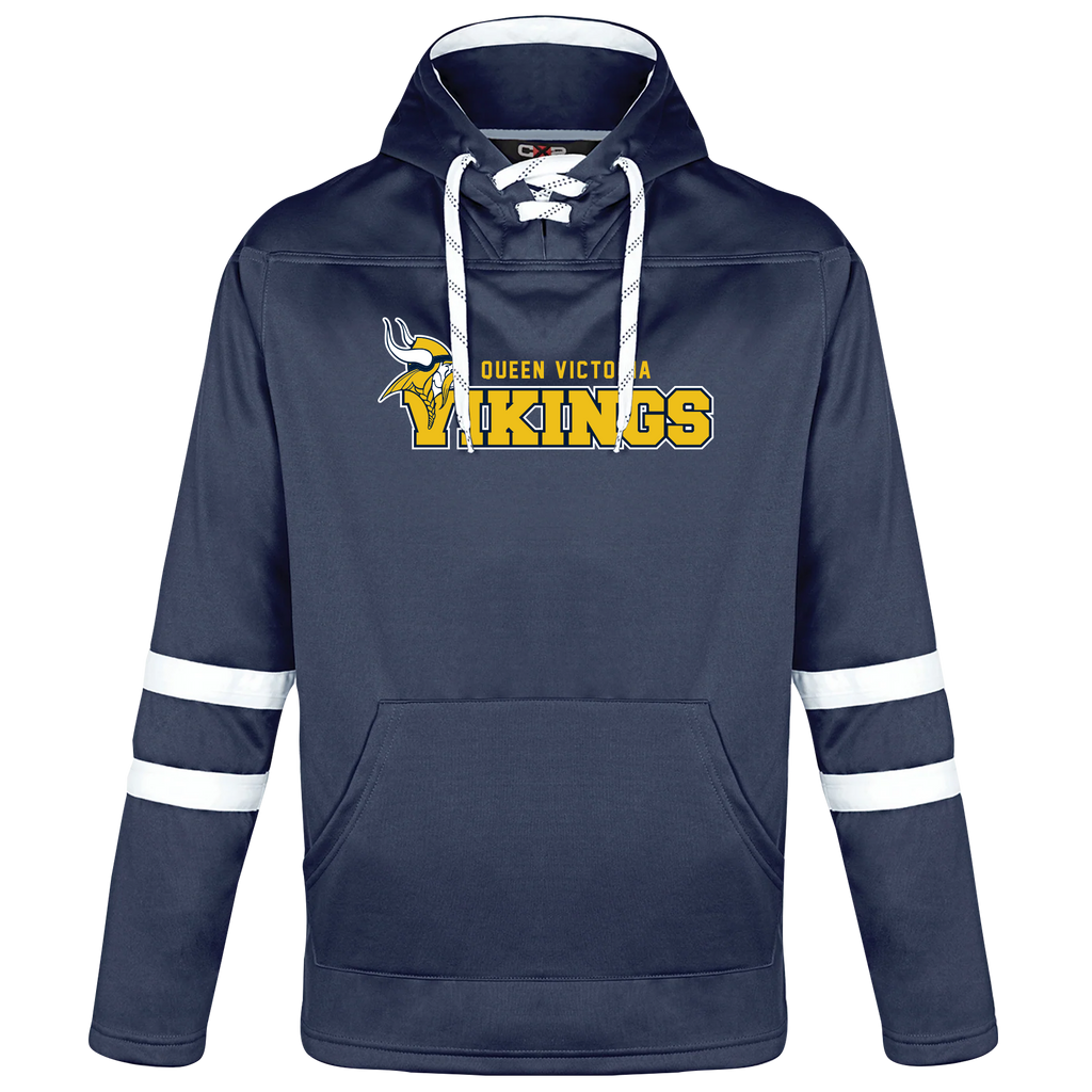 Queen Victoria Adult Pullover Hockey Lace Hooded Sweatshirt with Printed Logo