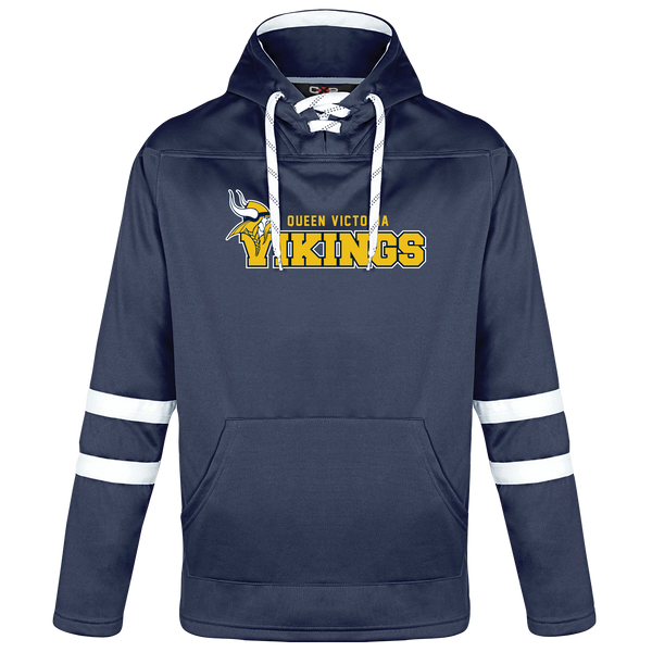 Queen Victoria Adult Pullover Hockey Lace Hooded Sweatshirt with Printed Logo