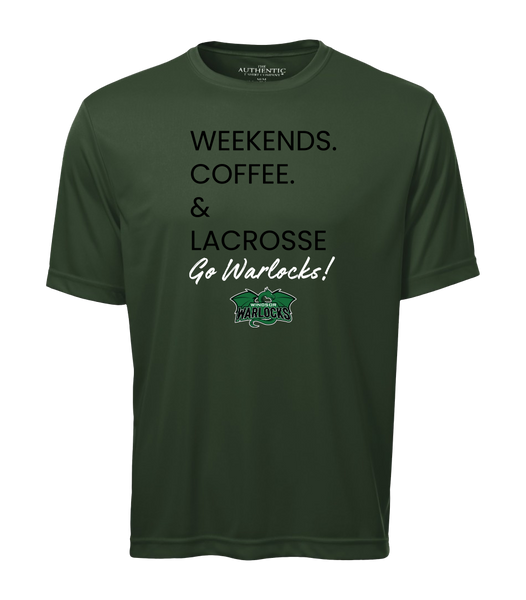 Windsor Warlocks Weekends. Coffee & Lacrosse Adult Dri-Fit T-Shirt with Printed Logo