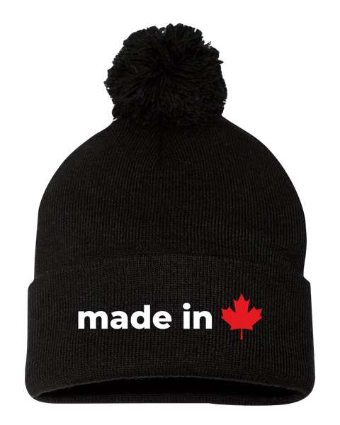 "Made In Canada Maple Leaf" Pom-Pom Cuffed Beanie with Embroidered Logo