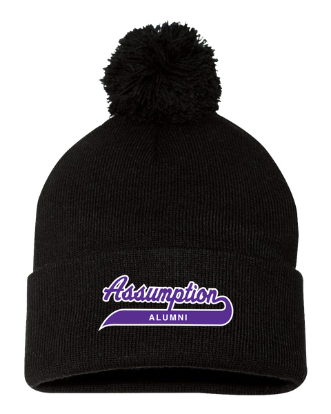 "Assumption Alumni Script" Pom-Pom Cuffed Beanie with Embroidered Logo