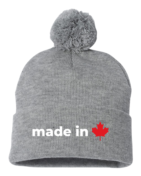"Made In Canada Maple Leaf" Pom-Pom Cuffed Beanie with Embroidered Logo