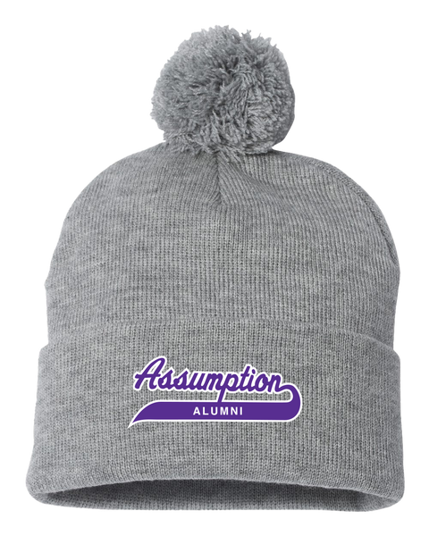 "Assumption Alumni Script" Pom-Pom Cuffed Beanie with Embroidered Logo
