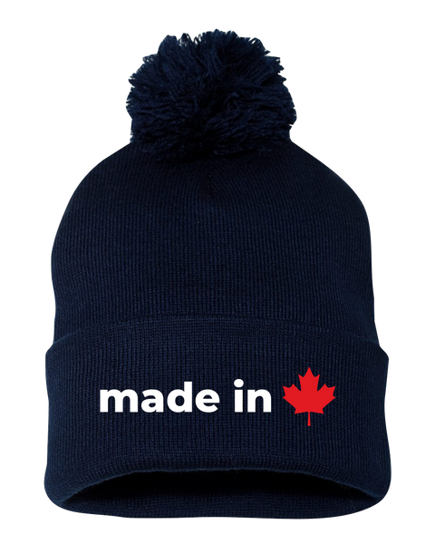 "Made In Canada Maple Leaf" Pom-Pom Cuffed Beanie with Embroidered Logo