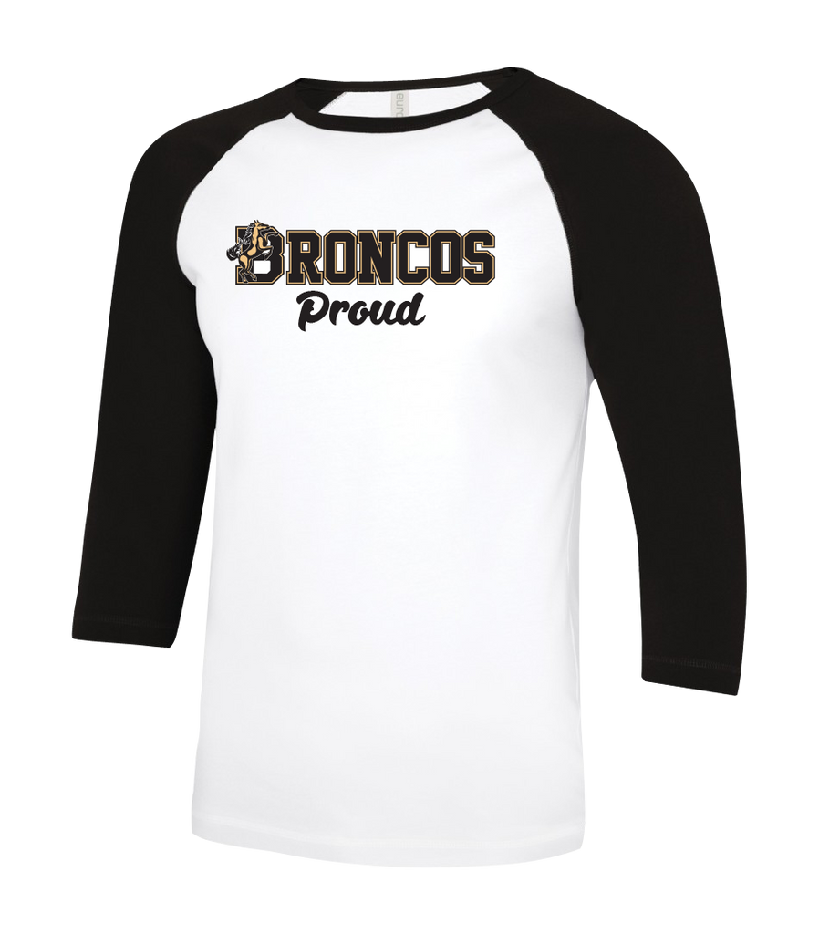 Frank W. Begley "Broncos Proud" Adult Two Toned Baseball T-Shirt with Printed Logo