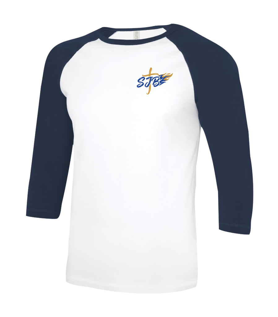 St. John the Baptist Staff Adult Two Toned Baseball T-Shirt with Printed Logo