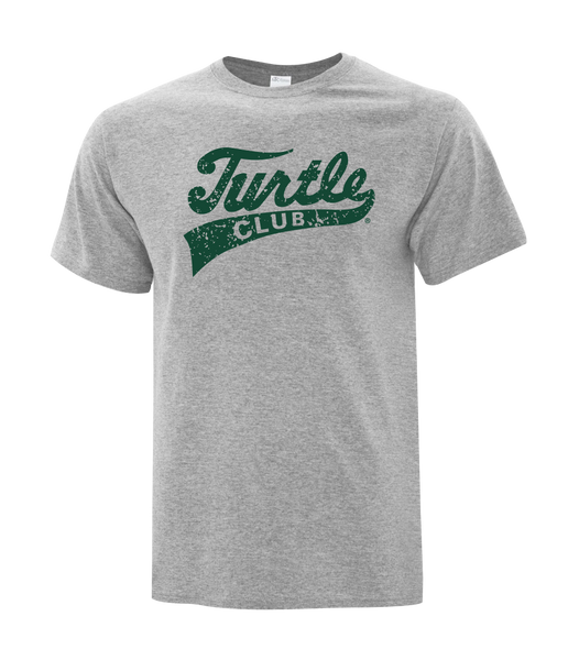 Turtle Script Distressed Adult Cotton Tee with Printed Logo