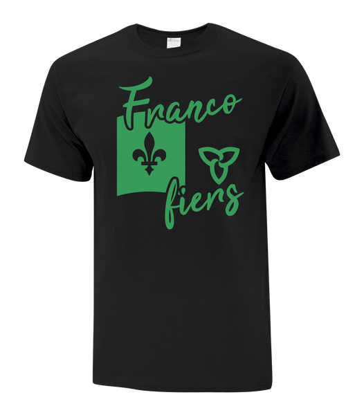 "Franco-Ontarian Flag Script" Adult Cotton T-Shirt with Printed logo