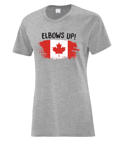 "Elbows Up Distressed" Ladies Cotton T-Shirt with Printed Logo