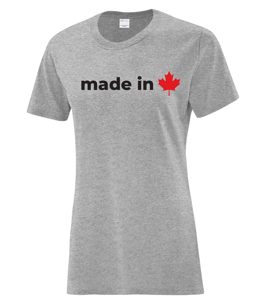 "Made In Canada Maple Leaf" Ladies Cotton T-Shirt with Printed logo