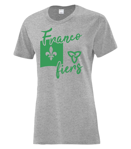 "Franco-Ontarien Flag Script" Ladies Cotton T-Shirt with Printed logo