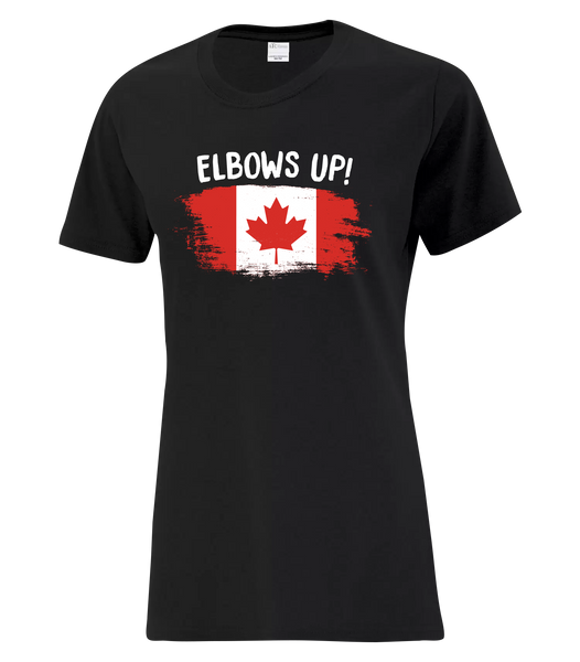 "Elbows Up Distressed" Ladies Cotton T-Shirt with Printed Logo
