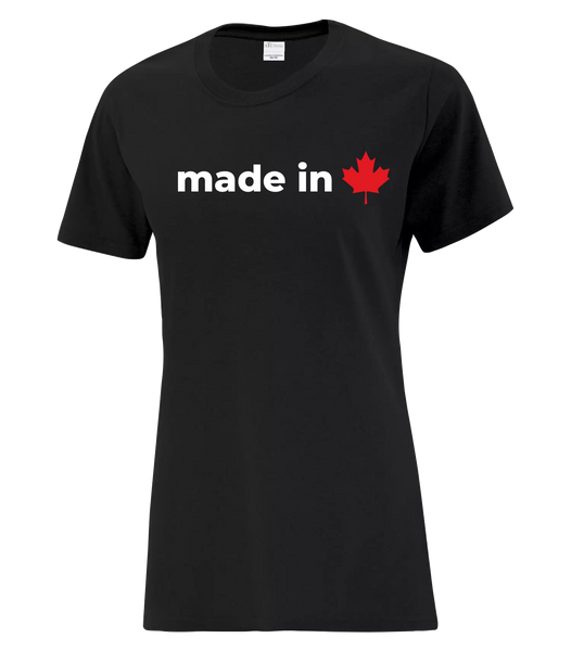 "Made In Canada Maple Leaf" Ladies Cotton T-Shirt with Printed logo