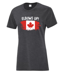 "Elbows Up Distressed" Ladies Cotton T-Shirt with Printed Logo