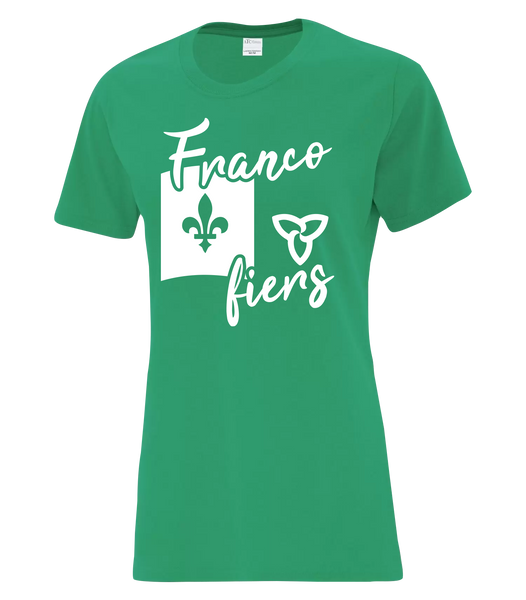 "Franco-Ontarien Flag Script" Ladies Cotton T-Shirt with Printed logo