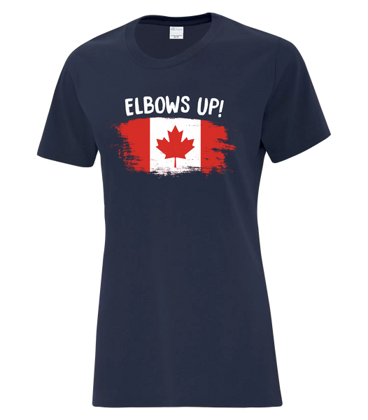 "Elbows Up Distressed" Ladies Cotton T-Shirt with Printed Logo