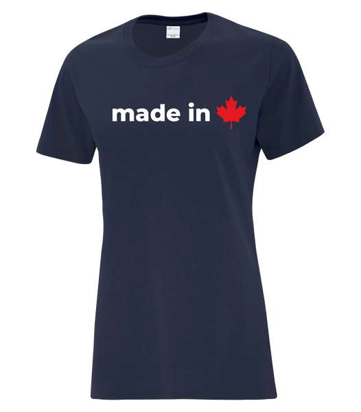 "Made In Canada Maple Leaf" Ladies Cotton T-Shirt with Printed logo