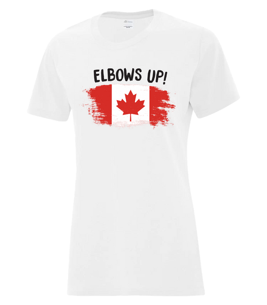 "Elbows Up Distressed" Ladies Cotton T-Shirt with Printed Logo