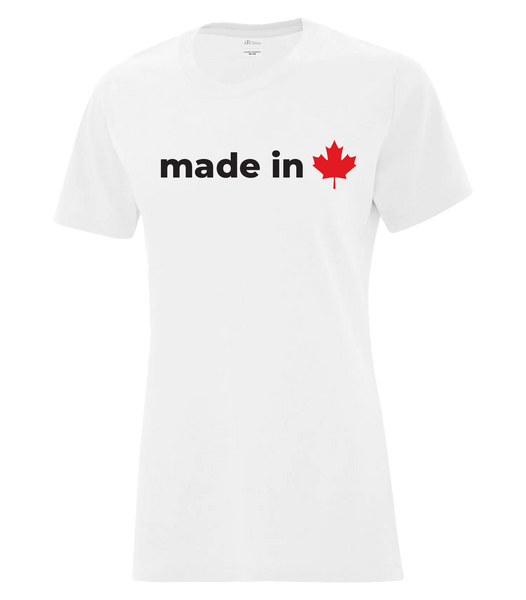 "Made In Canada Maple Leaf" Ladies Cotton T-Shirt with Printed logo